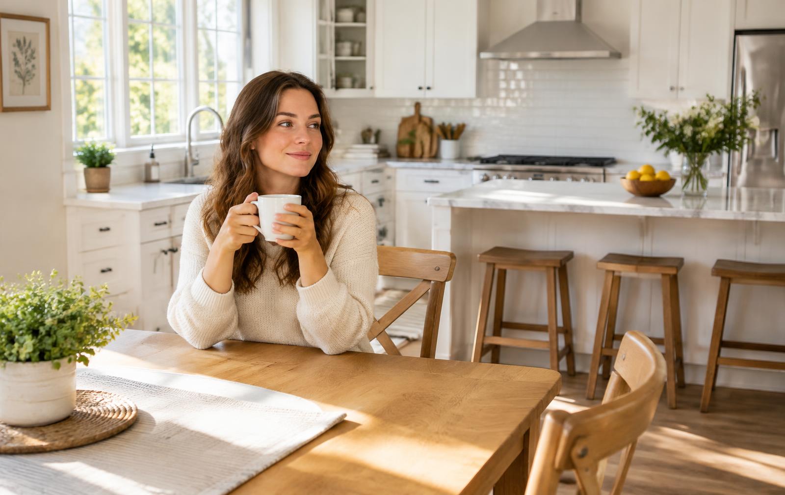 Woman relaxing with coffee in her bright, freshly cleaned kitchen