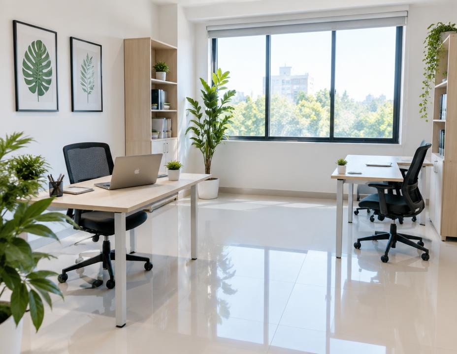 Clean, bright small office with desks and plants