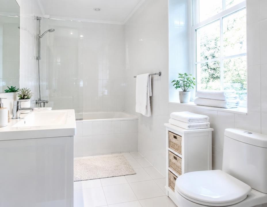 Sparkling clean white bathroom with folded towels