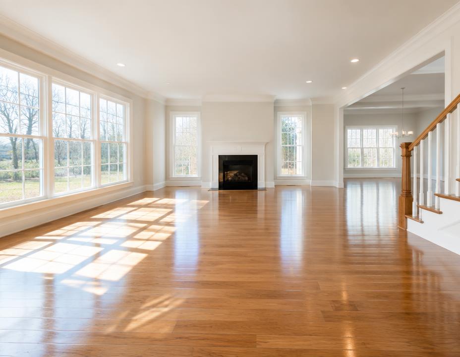 Empty, freshly cleaned home with sunlit hardwood floors