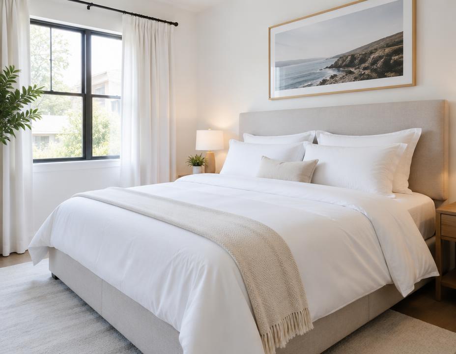Freshly made bed in a clean, bright bedroom
